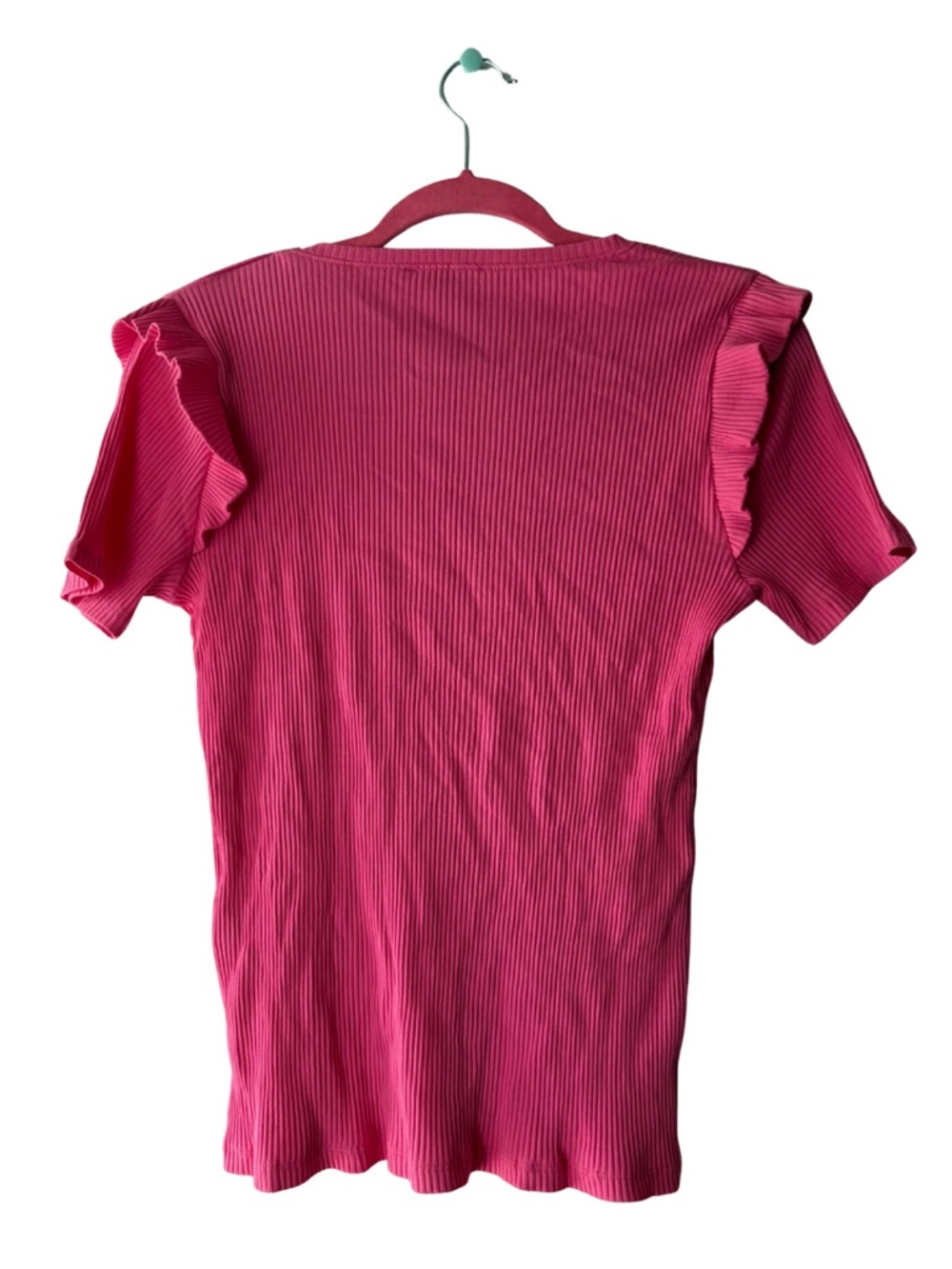 Zara Hot Pink Ribbed Ruffle Sleeve Tee - Picture 2 of 2